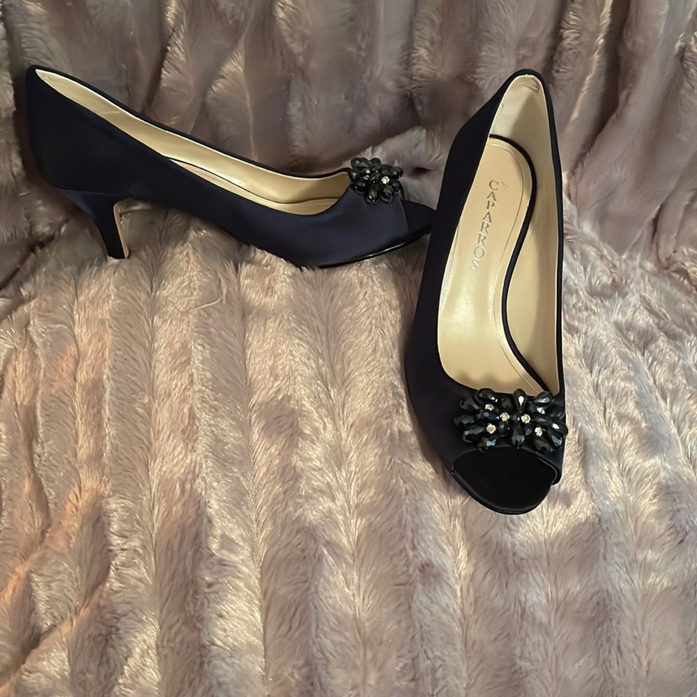 Peep toe dark blue with jewels on toes silk material. NWOT.